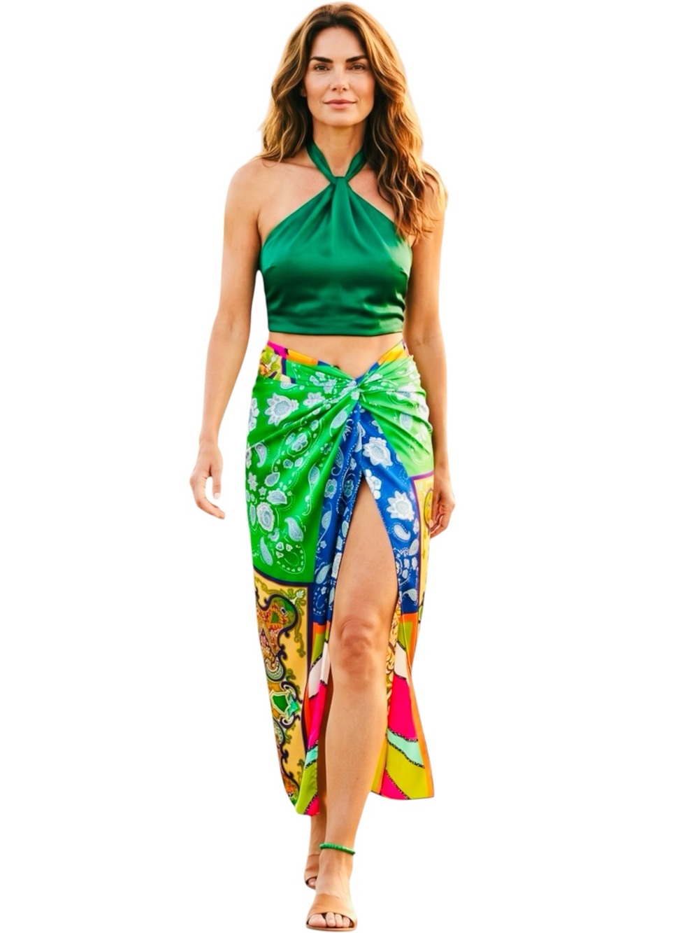 Bailey 44 Paisley floral patchwork satin midi skirt NWOT knot sarong & slit Sz S